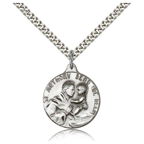 Sterling Silver 7/8in St Anthony Send Me Help Medal & 24in Chain