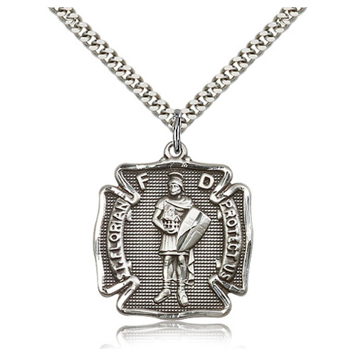 Sterling Silver 1 1/8in St Florian Medal & 24in Chain