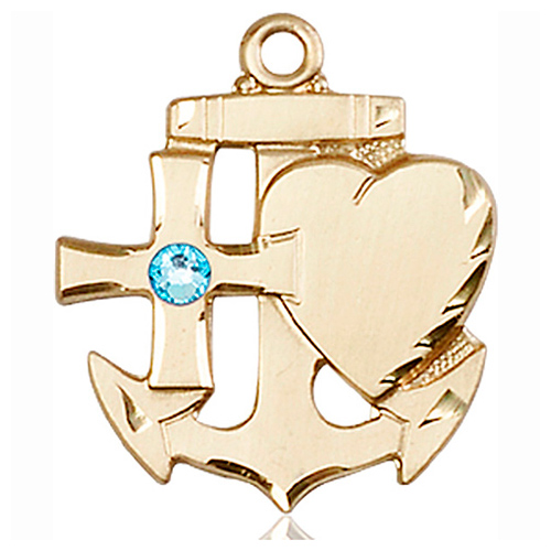 14kt Yellow Gold 7/8in Faith Hope & Charity Medal with 3mm Aqua Bead  