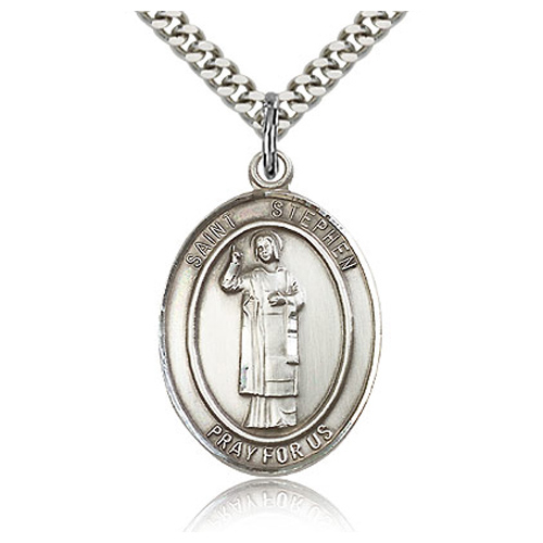 Sterling Silver 1in St Stephen Medal & 24in Chain