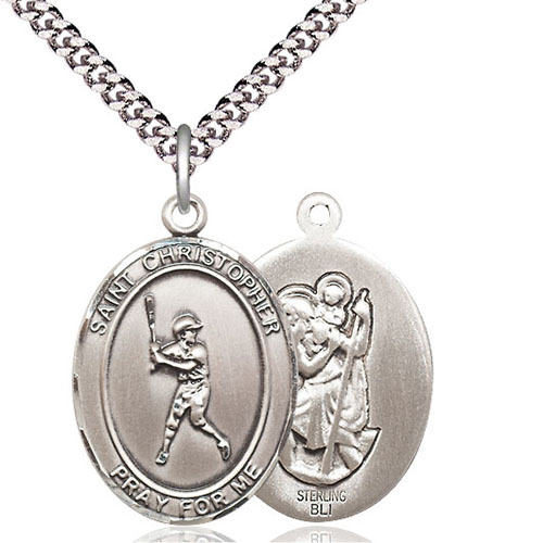 Sterling Silver 1in St Christopher Baseball Player Medal & 24in Chain