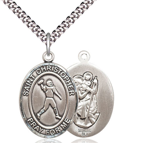 Sterling Silver 1in St Christopher Football Player Medal & 24in Chain