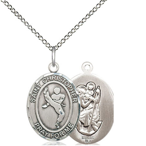 Sterling Silver 3/4in St Christopher and Martial Arts Medal & 18in Chain