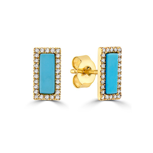 14k Yellow Gold Rectangle Turquoise Earrings With Diamonds