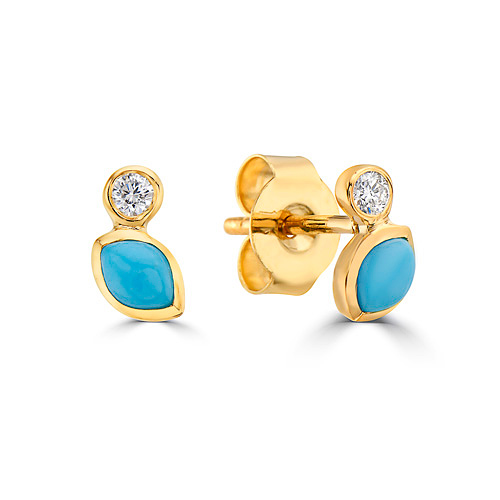 14k Yellow Gold Marquise Turquoise Earrings With Diamonds