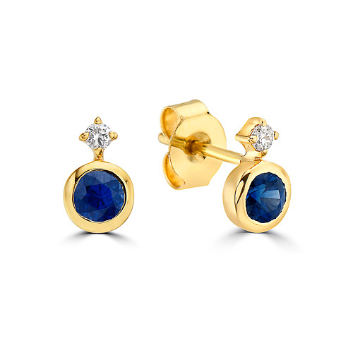 14k Yellow Gold 0.60 ct tw Blue Sapphire Stud Earrings With Diamond Accents