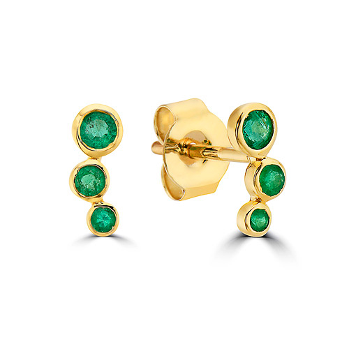 14k Yellow Gold 3-Stone Cascade Bezel Emerald Earrings