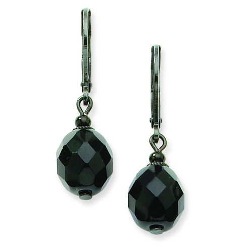 Black-plated Faceted Jet Bead Drop Leverback Earrings BF127