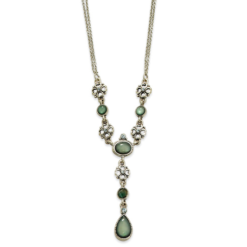 Silver-tone Green & Azure Crystal Mother of Pearl 16in Y Necklace BF247