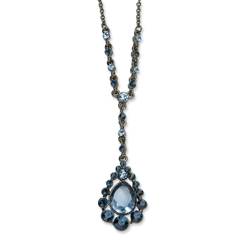 Black-plated Light & Dark Blue Crystal Drop 16in Y Necklace