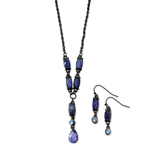 Black-plated Light and Dark Blue Crystal Earrings and 16in Y Necklace Set