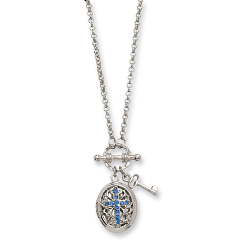 Silver-tone Dark Blue Crystal Cross Locket 24in Necklace