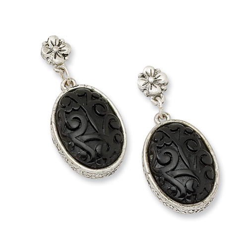 Silver-tone Black Enamel Post Dangle Earrings