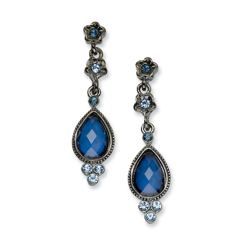 Black-plated Light and Dark Blue Crystal Post Dangle Earrings