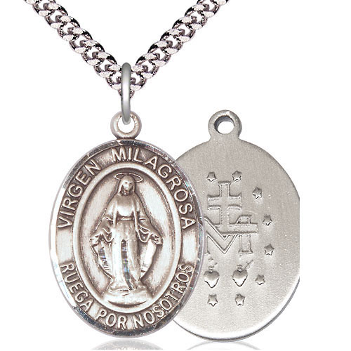 Sterling Silver Oval Virgen Milagrosa Medal & 24in Chain