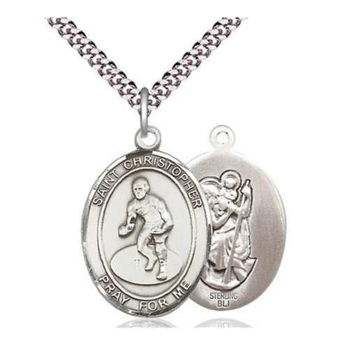 Sterling Silver 1in St Christopher Wrestling Medal & 24in Chain