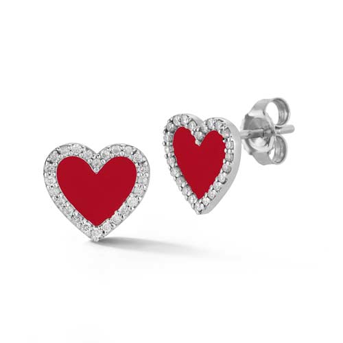 14k White Gold Red Enamel Heart Stud Earrings With Diamonds