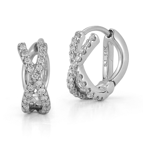 14k White Gold .13 ctw Diamond Criss Cross Huggie Hoop Earrings