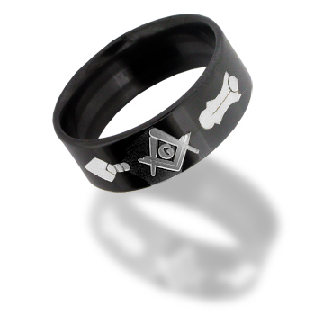 8mm Black Zirconium Masonic Plumb & Trowel Ring