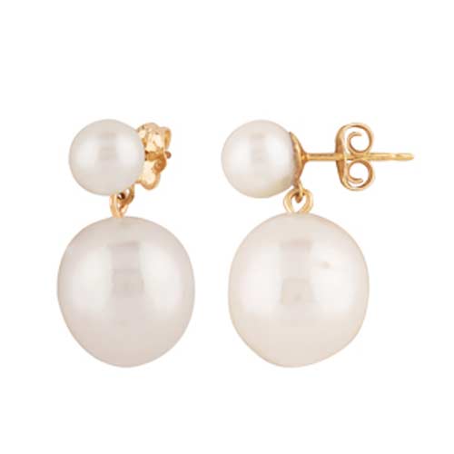 14k Yellow Gold Round and Baroque Freshwater Cultured Pearl Drop Earrings