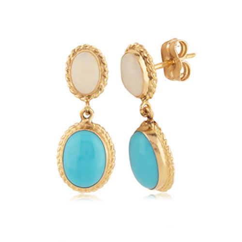 14k Yellow Gold Oval Opal and Turquoise Drop Earrings