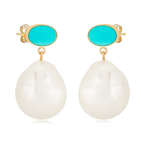 14k Yellow Gold 12mm Baroque Pearl and Oval Turquoise Dangle Earrings