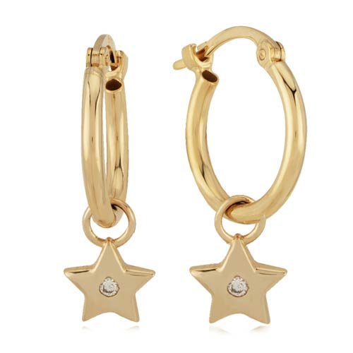 14k Yellow Gold Hoop Earrings with Dangling Stars and Diamonds