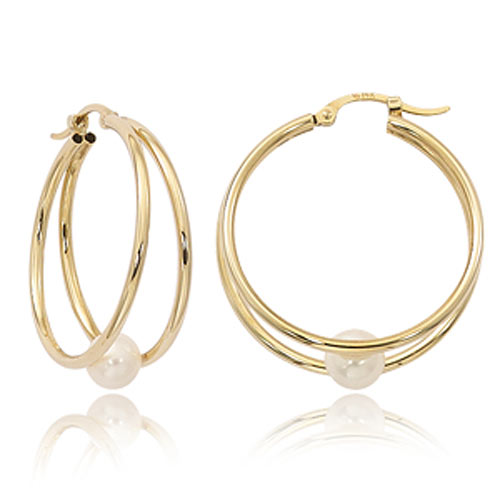 K Yellow Gold Double Hoop Earrings With Freshwater Cultured Pearl