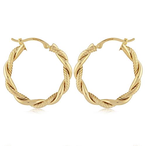 14k Yellow Gold Round Hoop Earrings With Textured and Polished Finish 1in