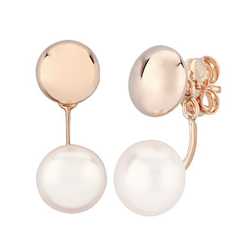 14k Rose Gold 7mm White Freshwater Pearl and Button Drop Earrings