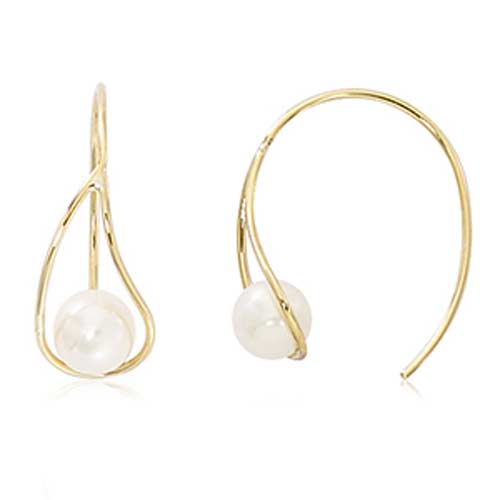 14k Yellow Gold Wire Teardrop Cradle Freshwater Cultured Pearl Earrings