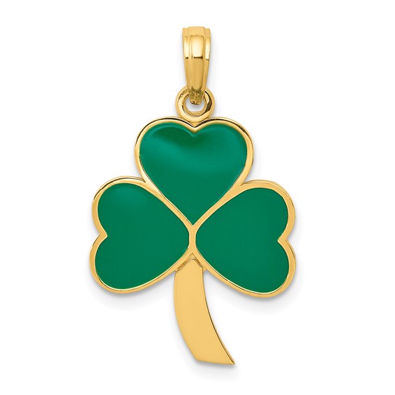 14k Yellow Gold 1in Green Enamel Clover Pendant