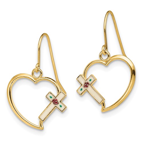 14k Yellow Gold Heart Earrings with Enamel Crosses