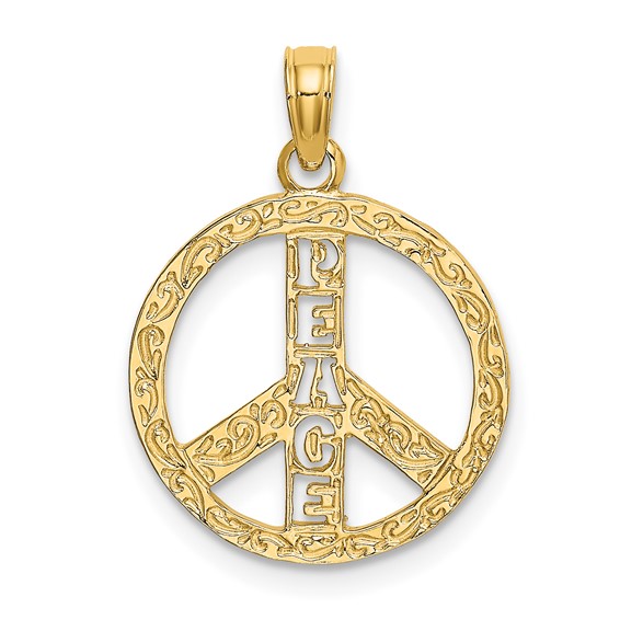 14k Yellow Gold 5/8in Peace Sign Pendant with Lettering