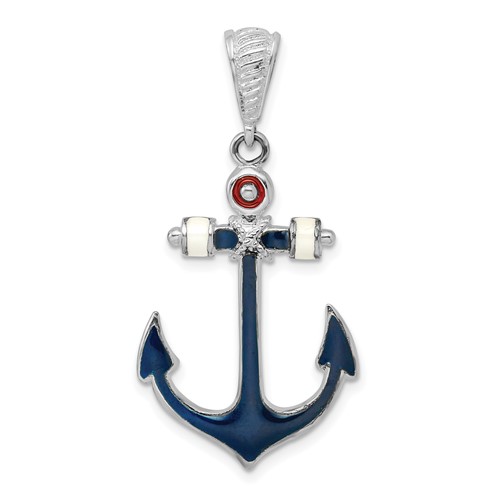 Sterling Silver Anchor Pendant with Blue Enamel Arms 1 1/4in