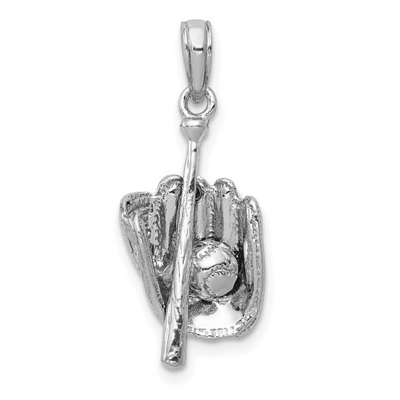 14k White Gold Bat Glove Baseball Pendant 3/4in