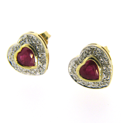 1 CT Ruby with Diamond Heart Earrings - 14kt Yellow Gold