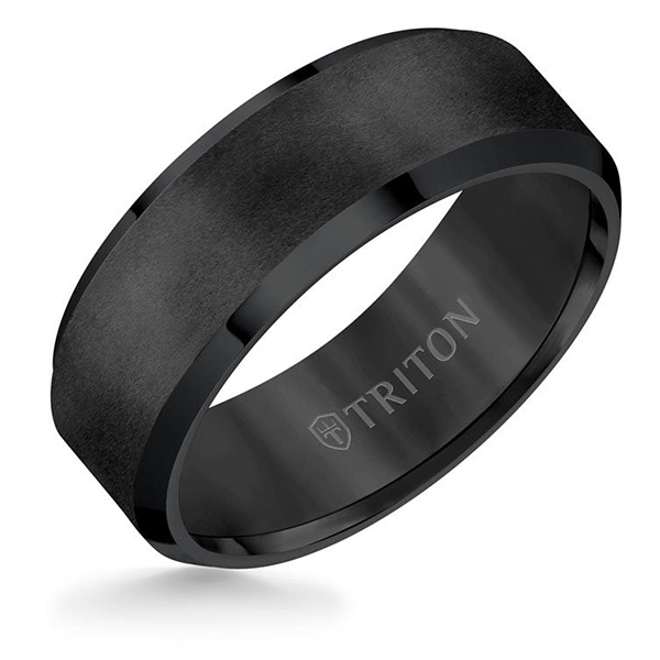 Triton 8mm Black Tungsten Carbide Ring With Satin Finish and Beveled Edges