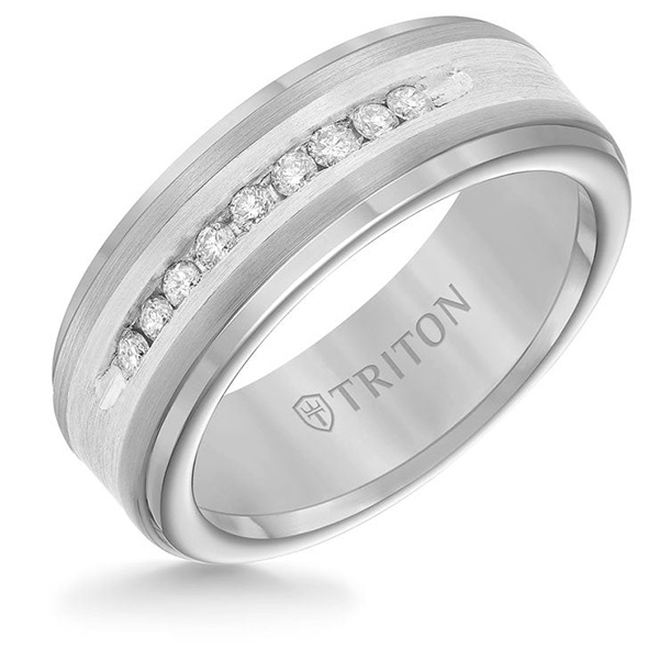 Triton 8mm Tungsten Ring With Diamonds and Silver Inlay