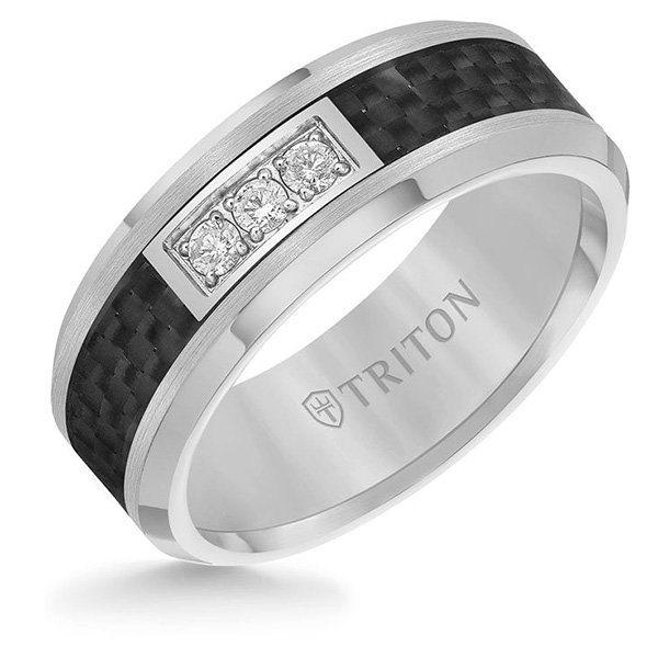 Triton 8mm Diamond and Black Carbon Fiber Ring with Beveled Edges