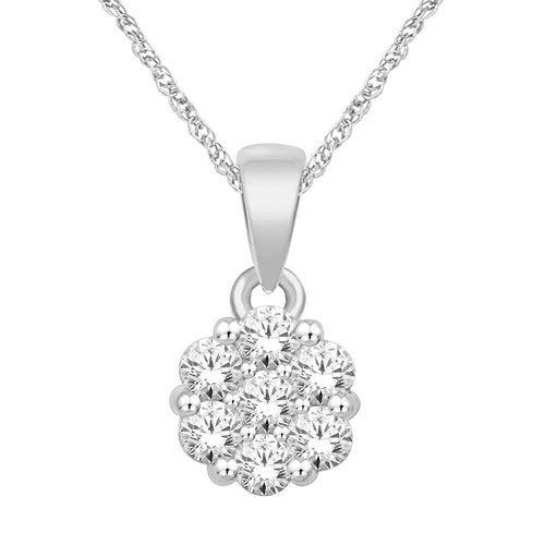 14k White Gold 1/4 ct tw Diamond Flower Cluster Pendant and 18in Chain