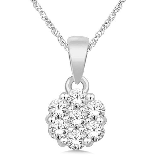 14k White Gold 1/2 ct tw Diamond Flower Cluster Pendant and 18in Chain ...