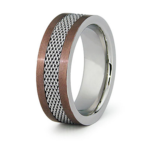 Rose Gold-Plated Stainless Steel 8mm Ring with Mesh Inlay