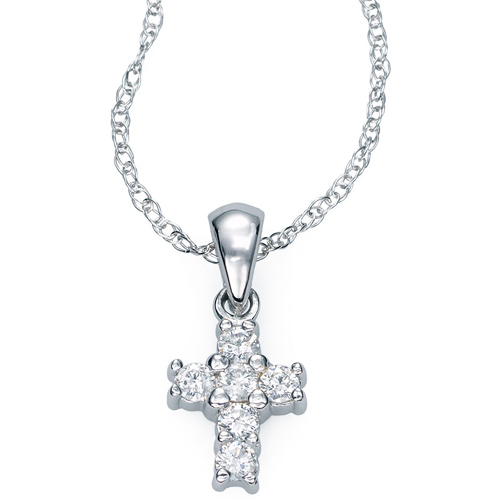 14k White Gold .12ct tw Diamond Cross Pendant with 18in Rope Chain