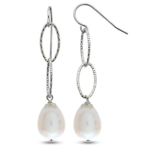 Sterling Silver Freshwater Cultured Pearl Dangle Earrings with Oval ...