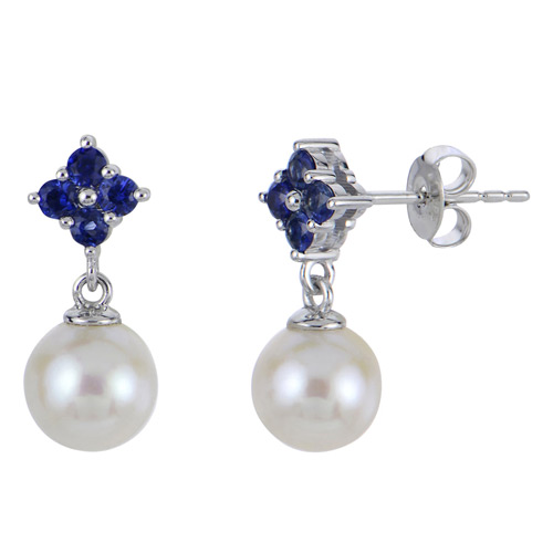 14k White Gold 7mm Freshwater Cultured Pearl and Blue Sapphire Floral Drop Earrings