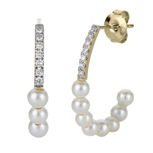 14k Yellow Gold Freshwater Cultured Pearl and Diamond Open Hoop Earrings