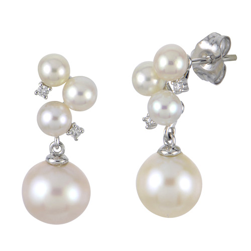 14k White Gold Freshwater Cultured Pearl and Diamond Cluster Dangle Earrings