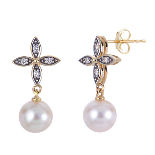 14k Yellow Gold 7mm Freshwater Cultured Pearl Petal Flower Earrings with Diamonds