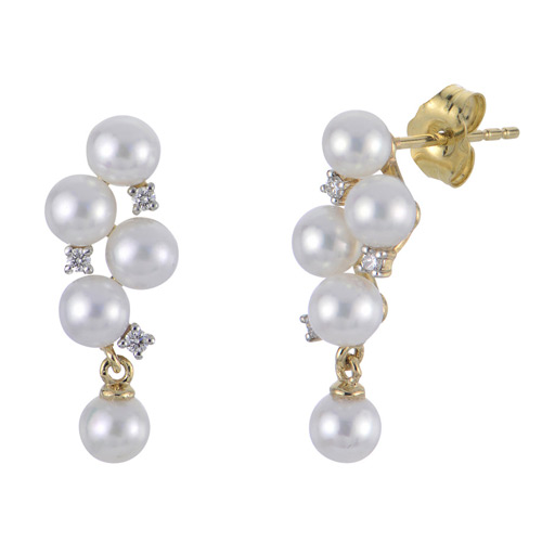 14k Yellow Gold 4mm Freshwater Cultured Pearl and Diamond Cluster Dangle Earrings